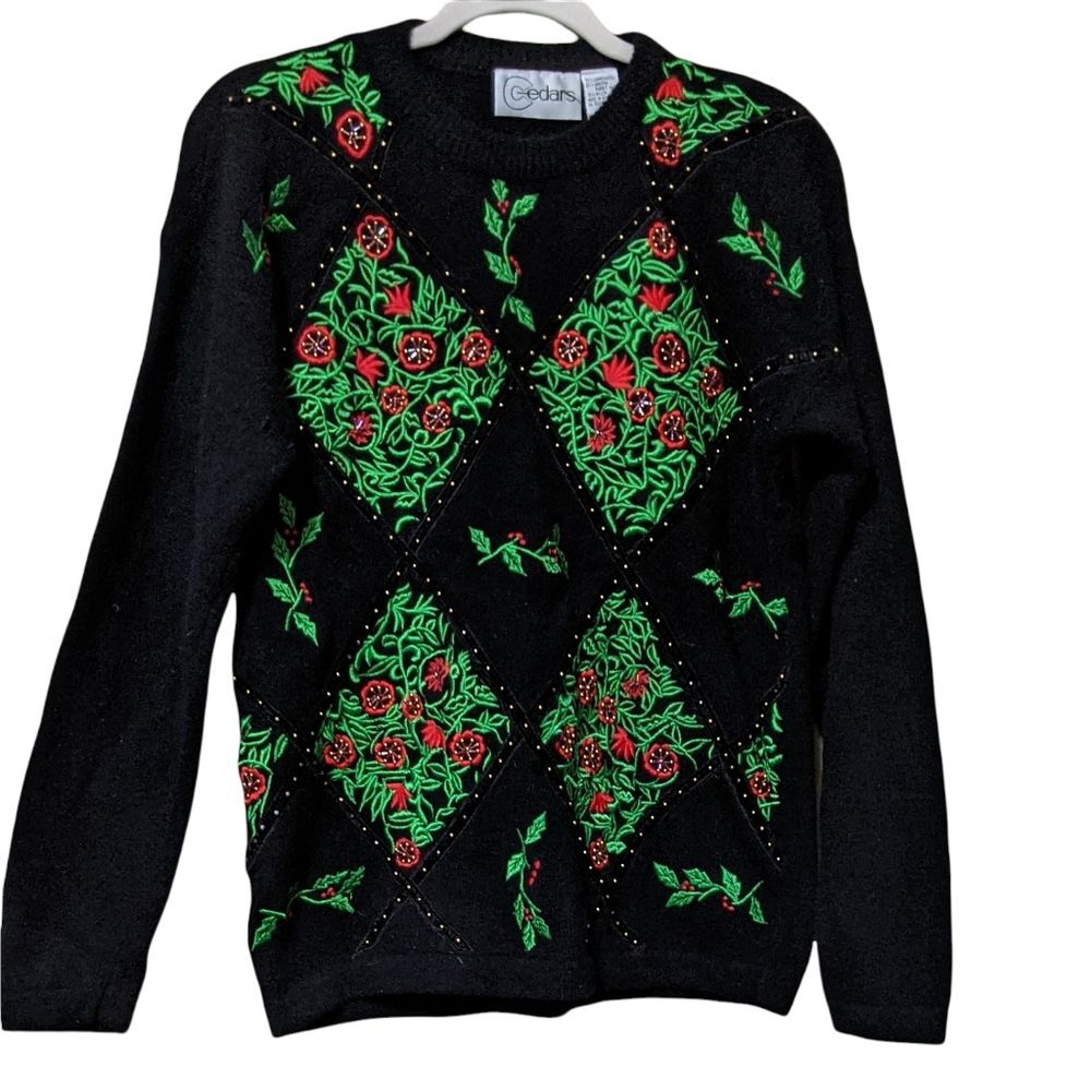 Vintage cedars lambswool Angora pullover sweater beaded embroidered M